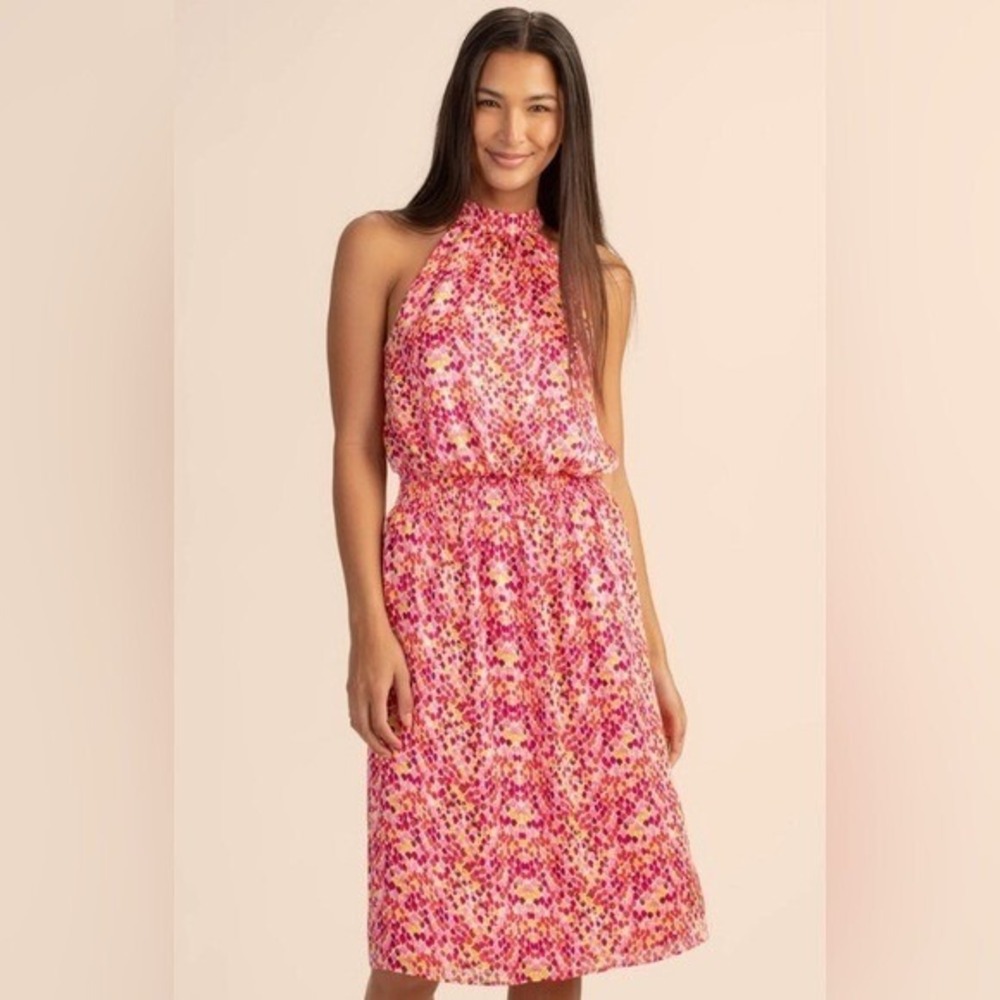 TRINA TURK Moonlit Halter Dress‎ Sleeveless Smocked Waist Pink/Yellow Size Large